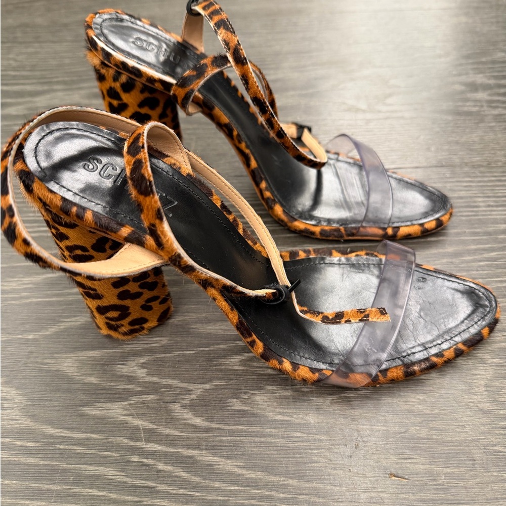 SCHUTZ Animal Print Heels with Clear Strap